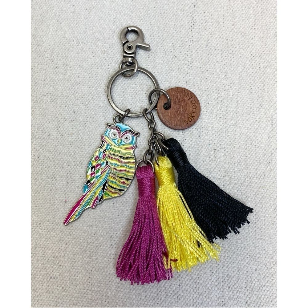 SAKROOTS THE SAK Keychain / Fob Clip Enamel OWL With Tassels Purse Charm